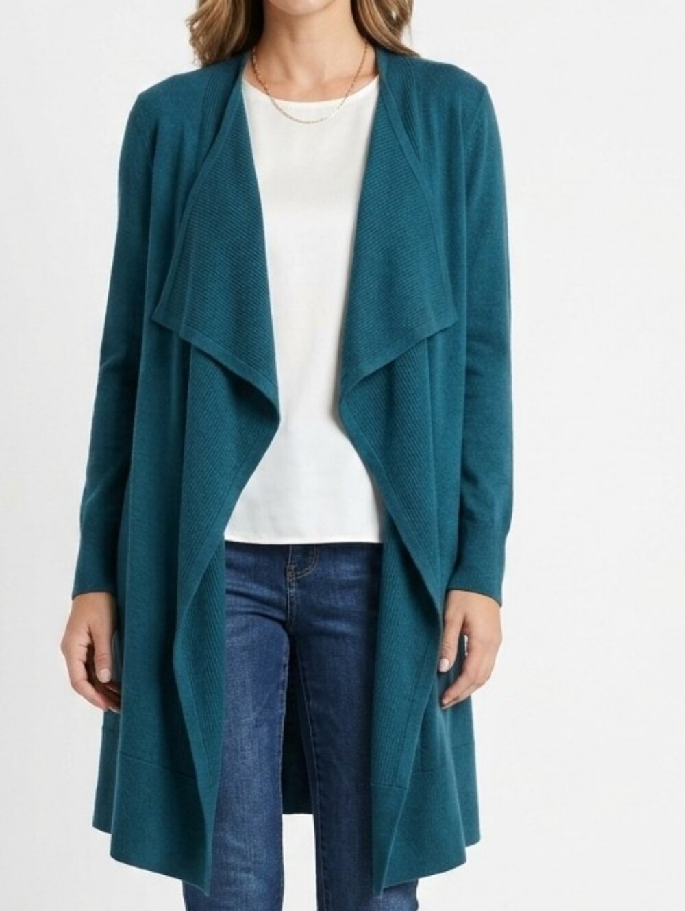 KENSIE Teal Draped Open-Front Long Cardigan Sweater L
